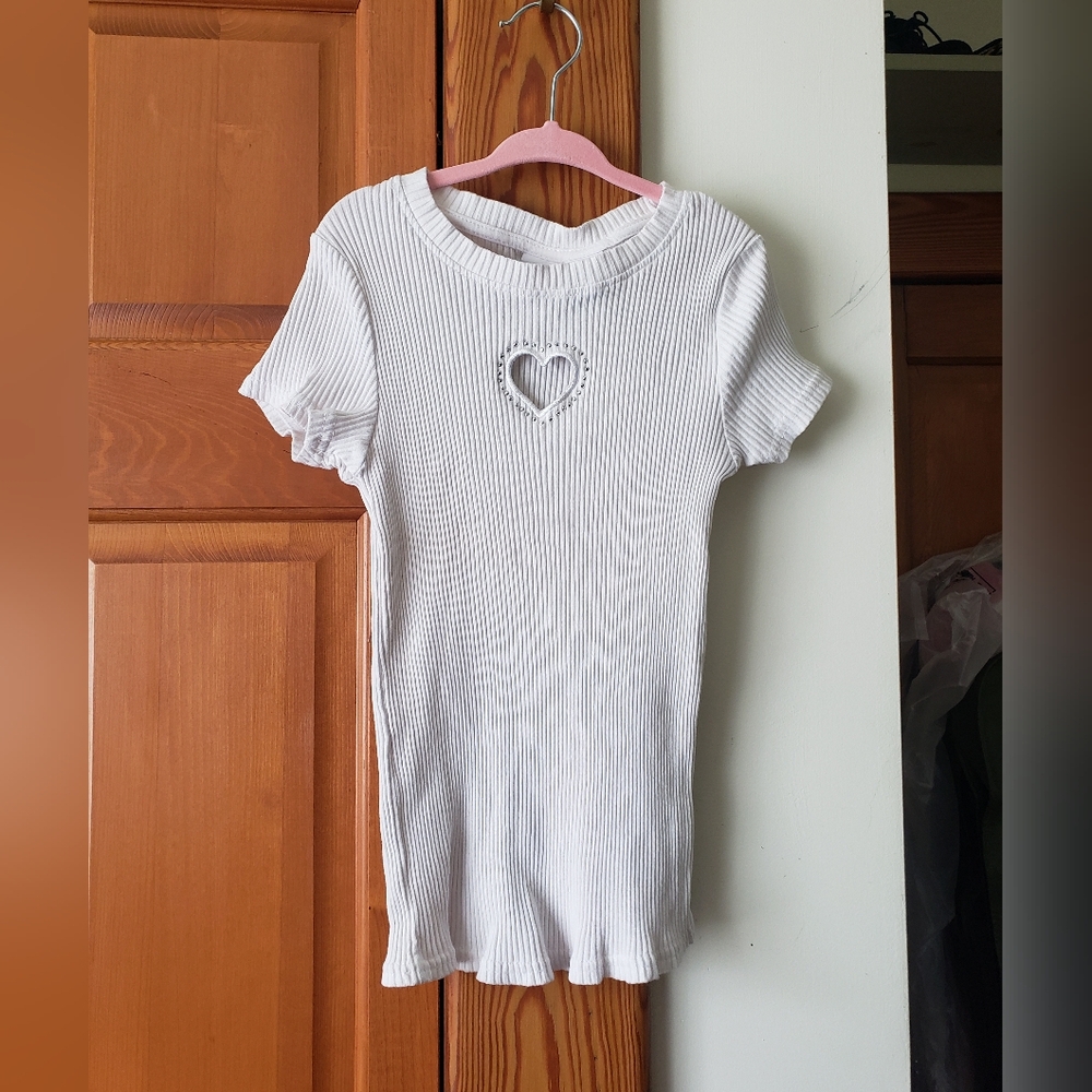 White Ribbed Knit Top with Heart Cutout Rhinestones 14 Fitted Girls